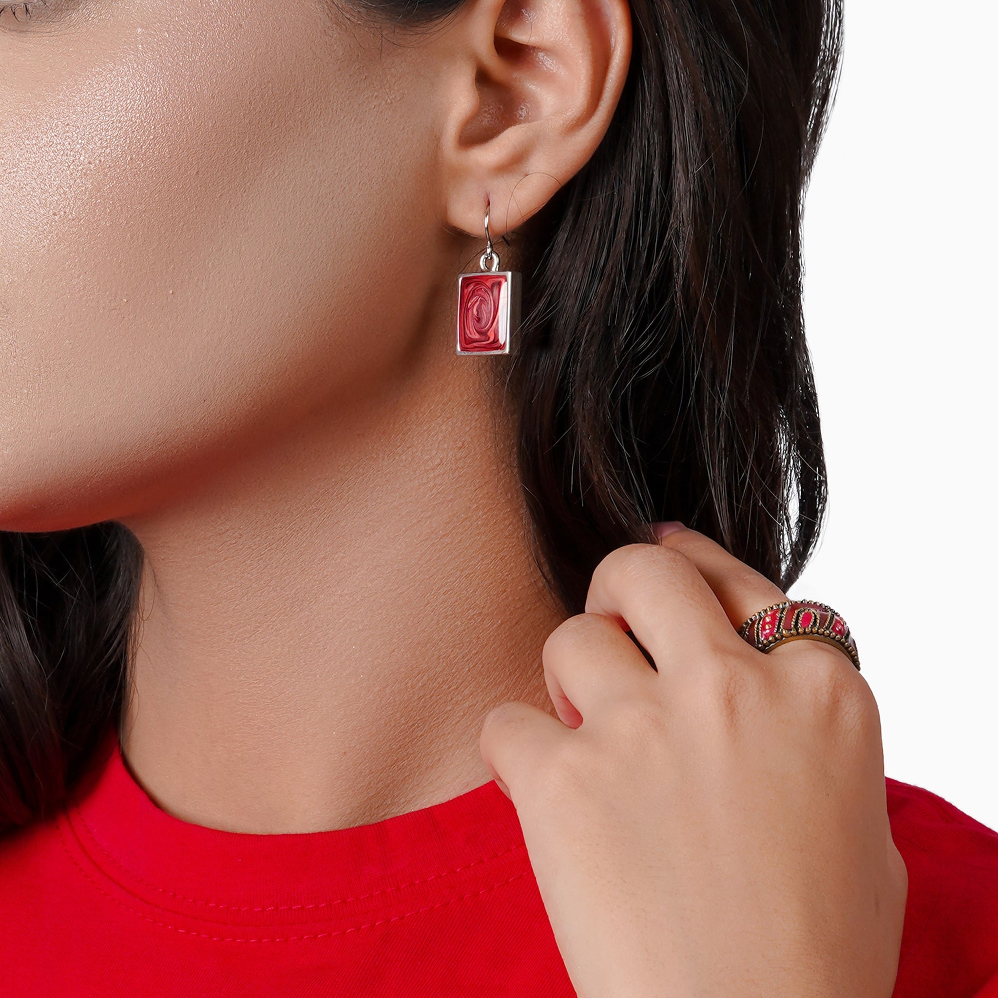 Red Glitter Tile Earring
